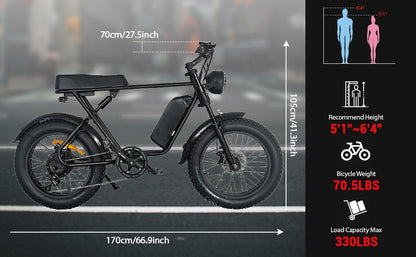 Motorbike Style Electric Bicycle 20 Inch Fat Tires, Mountain Trails, Beach or City