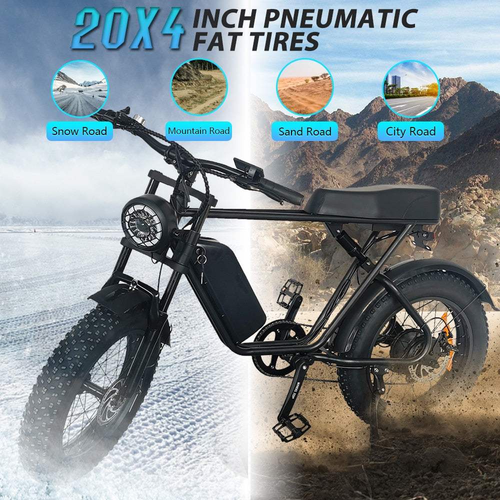 Motorbike Style Electric Bicycle 20 Inch Fat Tires, Mountain Trails, Beach or City