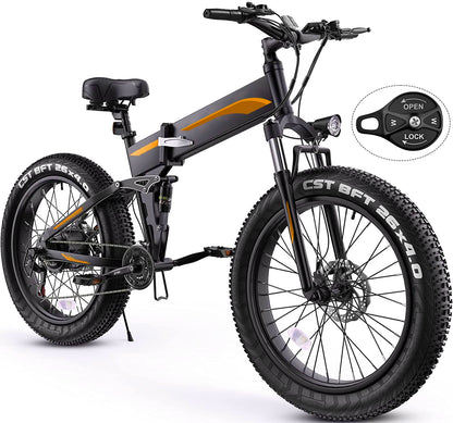 Folding Mountain Electric Bike, Fat Tires, Fast E-Bike, Blue Red and Orange