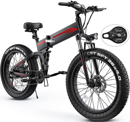 Folding Mountain Electric Bike, Fat Tires, Fast E-Bike, Blue Red and Orange