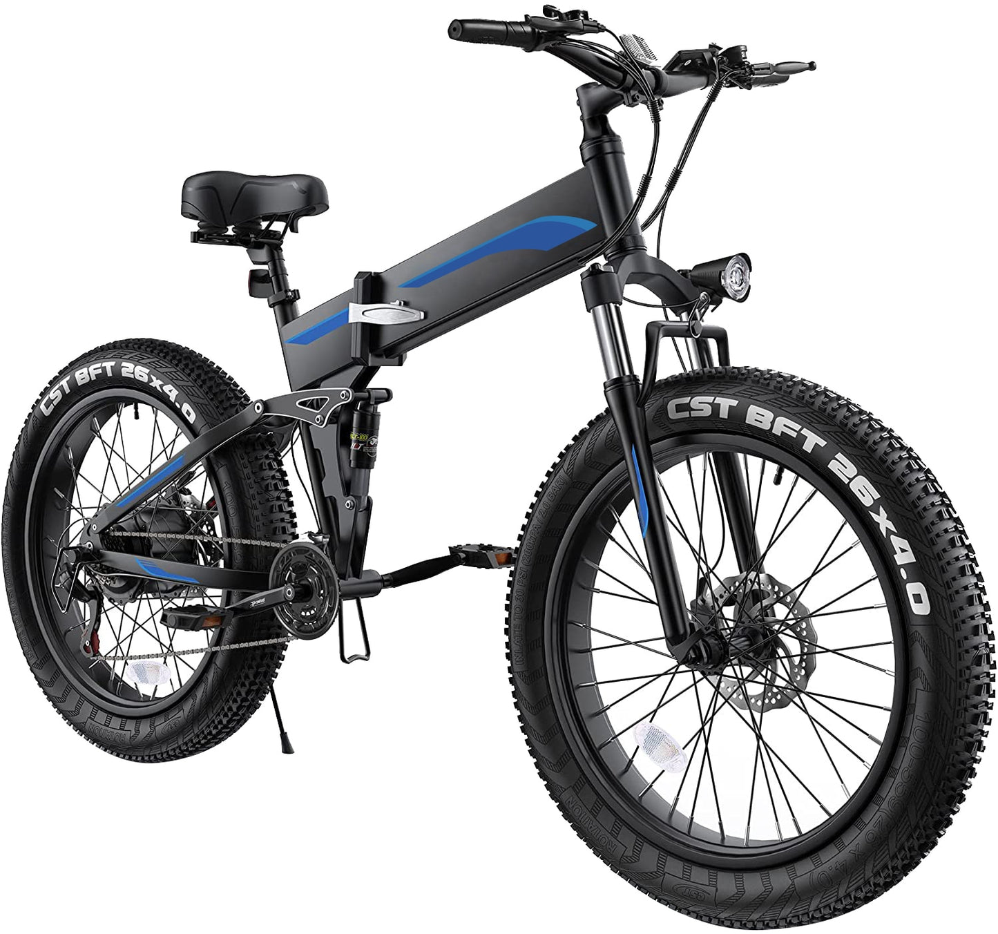 Folding Mountain Electric Bike, Fat Tires, Fast E-Bike, Blue Red and Orange