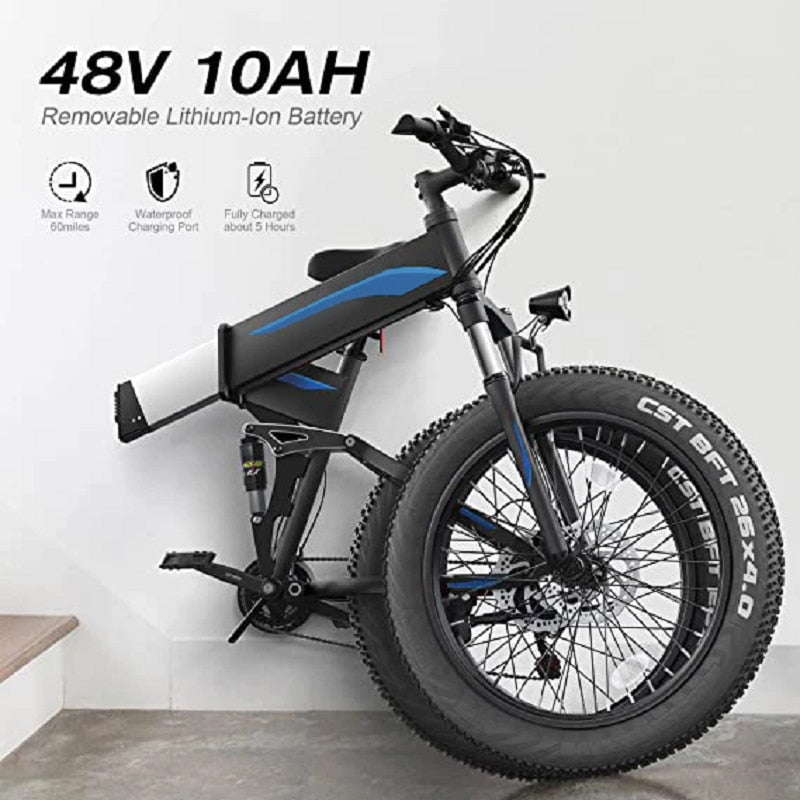 Folding Mountain Electric Bike, Fat Tires, Fast E-Bike, Blue Red and Orange