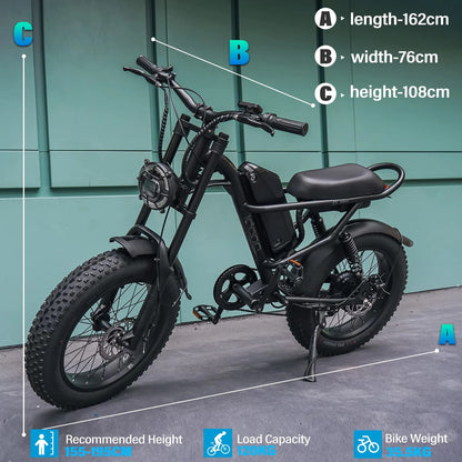 Motorbike Style Electric Bicycle 20 Inch Fat Tires, Mountain Trails, Beach or City